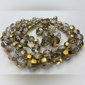 Vintage Vogue Gold foil glass double choker necklace clip earrings set Designer